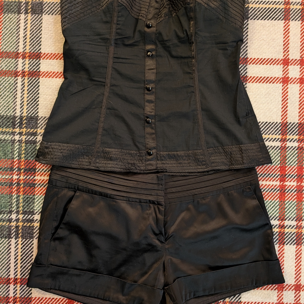 2B Bebe Black Satin Shorts and Corset Top Set